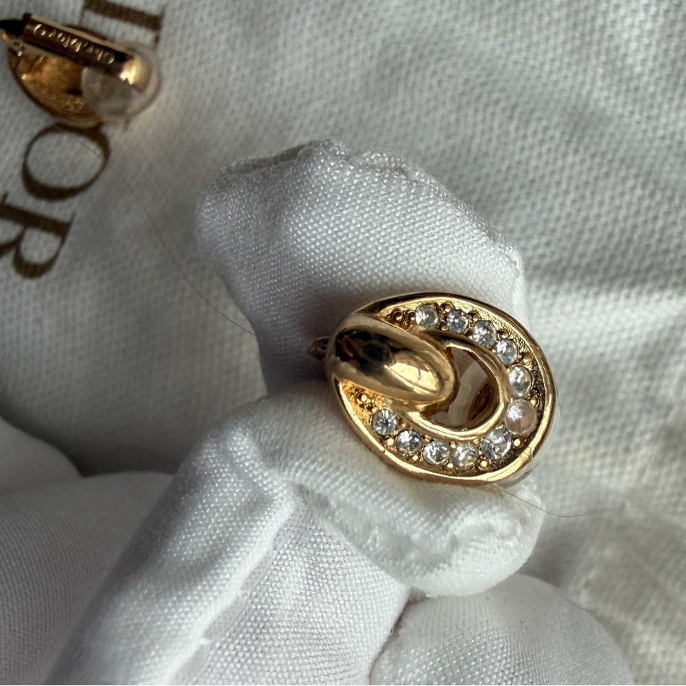 Dior Gold-Tone Crystal Knot Clip-On Earrings - Gold & White with Dust Bag.